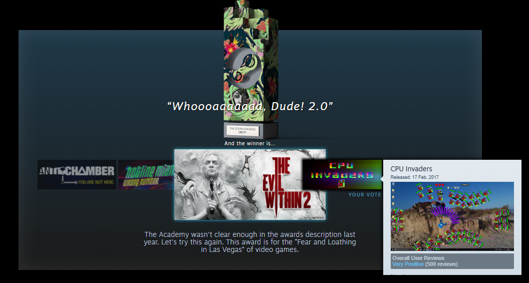 Steam Awards 2017 category page showing CPU Invaders among the finalists